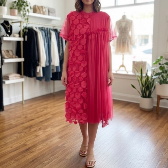 A361  Nancy Modern Romance Hot Pink Textured Midi Dress Tulle Overlay  NWT S - Picture 2 of 8